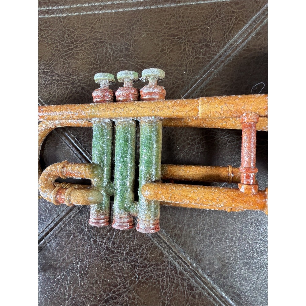 Vintage Style Glitter Trumpet Christmas Ornament Patina Orange Green Musical - Picture 8 of 13